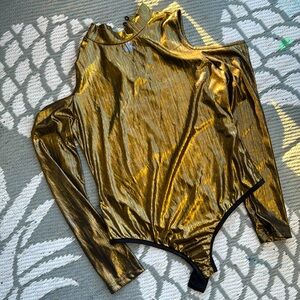 Nasty Gal Metallic Gold Ribbed Long Sleeve Bodysuit High Neck Medium NWT Thong